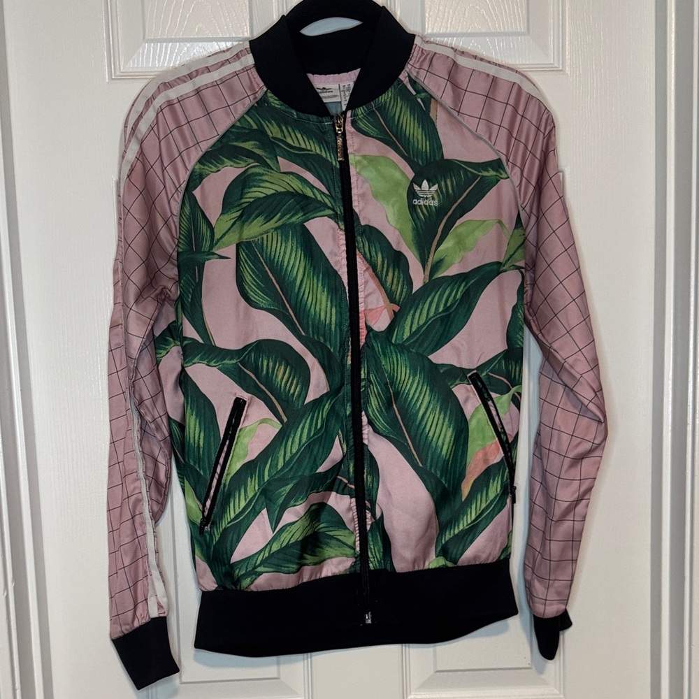 adidas Pink and Green Leaf Print Track Jacket